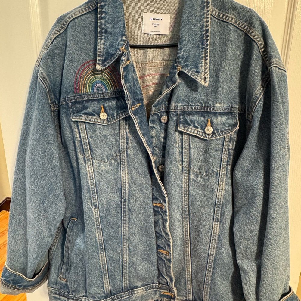 Old Navy Blue Denim Jacket with Rainbow Embroidery